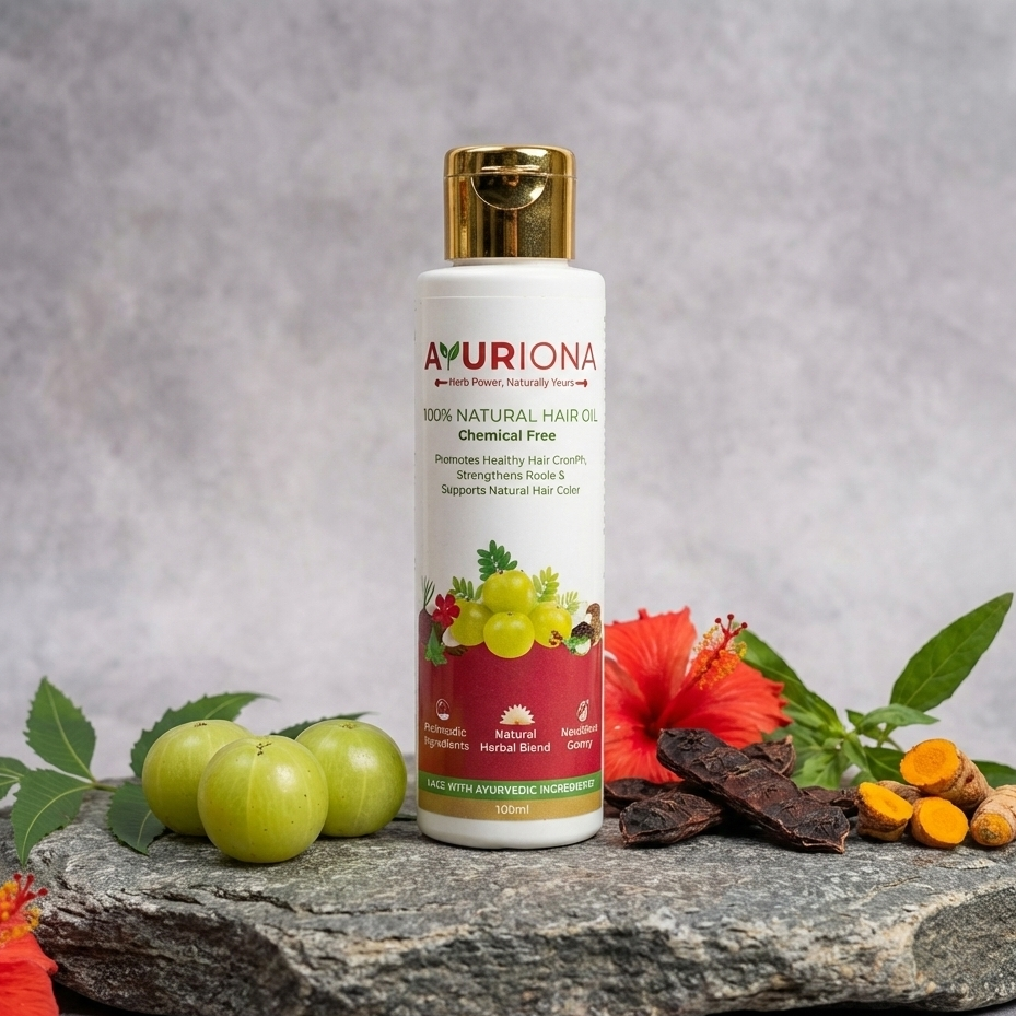 Avuriona natural hair oil bottle with fruits and flowers on a stone surface